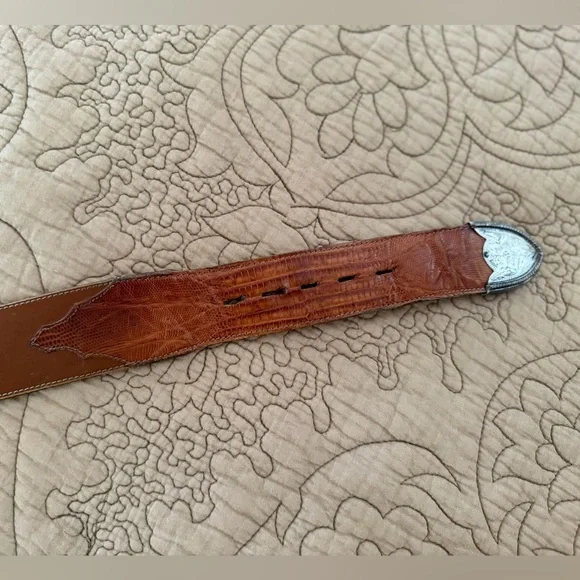 VTG Tony Lama Brown Leather & Lizard Western Belt with Silver Tip, Size 36 - Picture 2 of 13